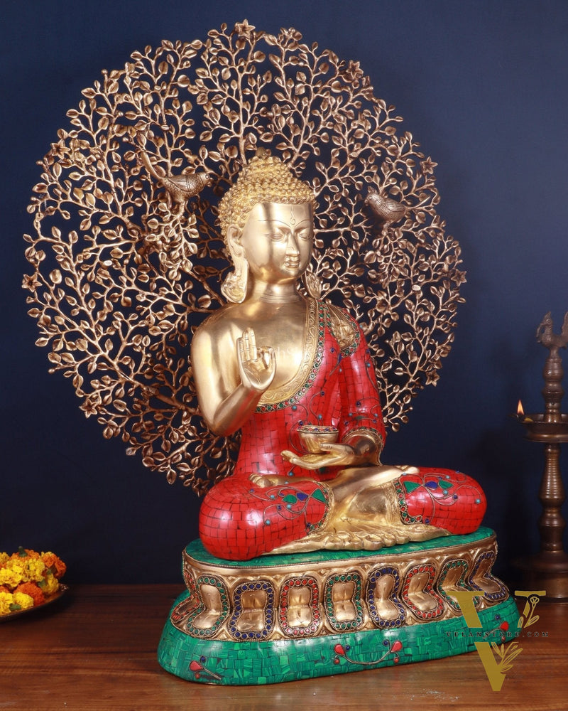 Pure Brass Buddha in Meenakari Stonework with Kalpavriksha Tree Statue 29"