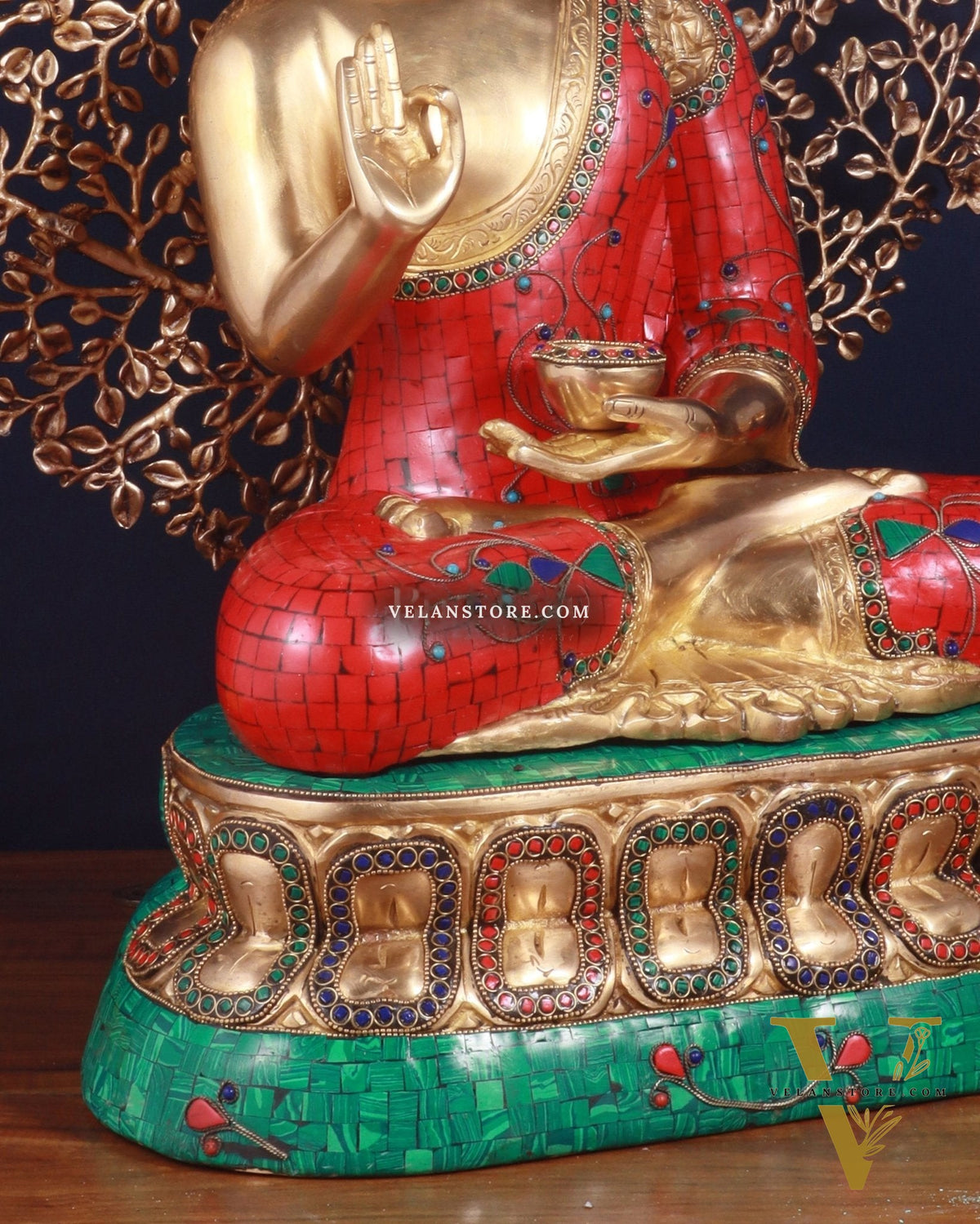 Pure Brass Buddha in Meenakari Stonework with Kalpavriksha Tree Statue 29"