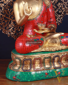 Pure Brass Buddha in Meenakari Stonework with Kalpavriksha Tree Statue 29"