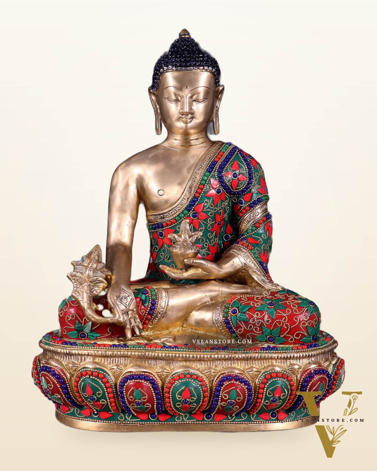 Pure Brass Buddha medicine Floral Stonework Statue - 13.5"