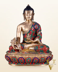 Pure Brass Buddha medicine Floral Stonework Statue - 13.5"