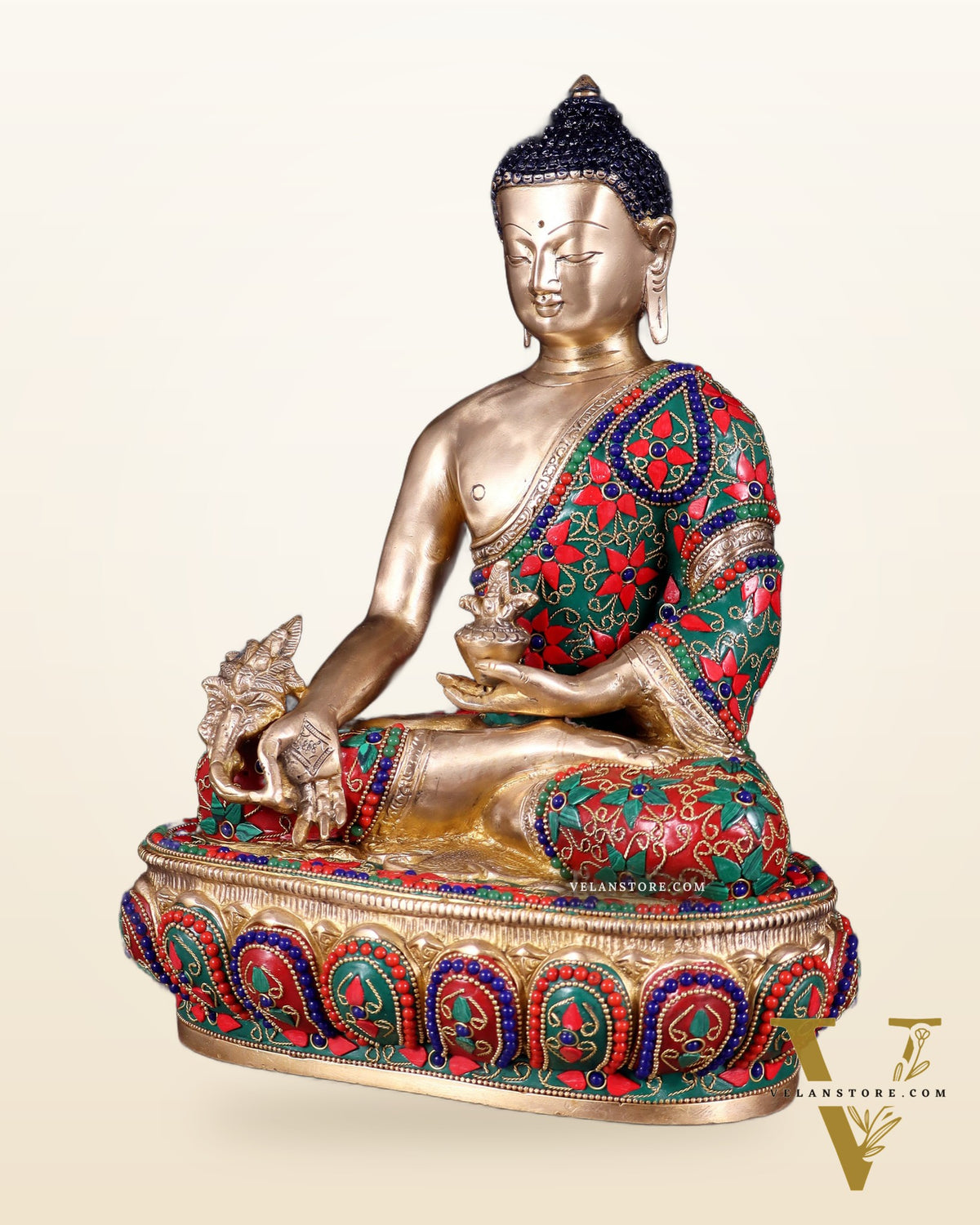 Pure Brass Buddha medicine Floral Stonework Statue - 13.5"