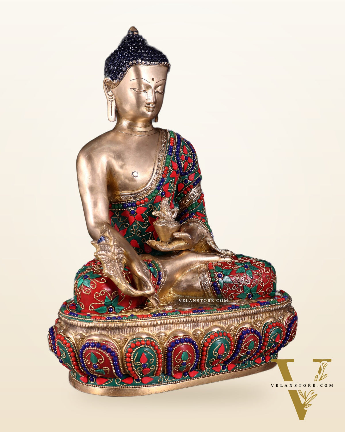 Pure Brass Buddha medicine Floral Stonework Statue - 13.5"