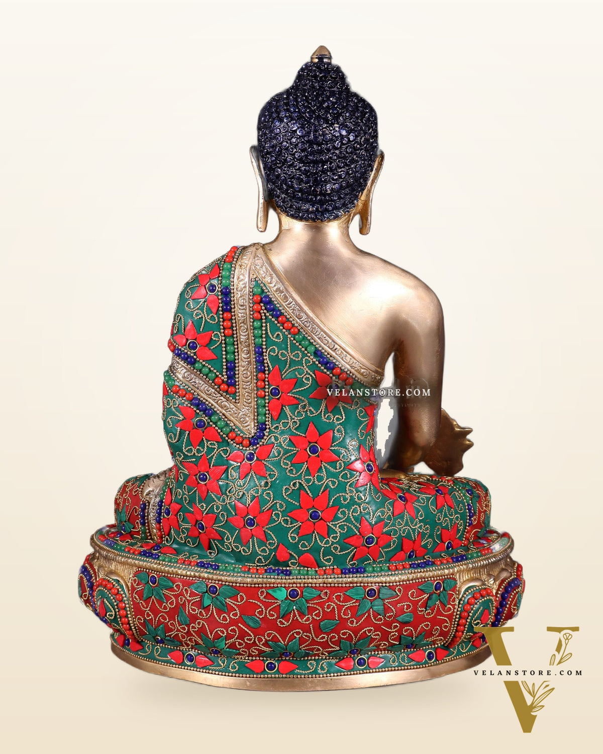 Pure Brass Buddha medicine Floral Stonework Statue - 13.5"