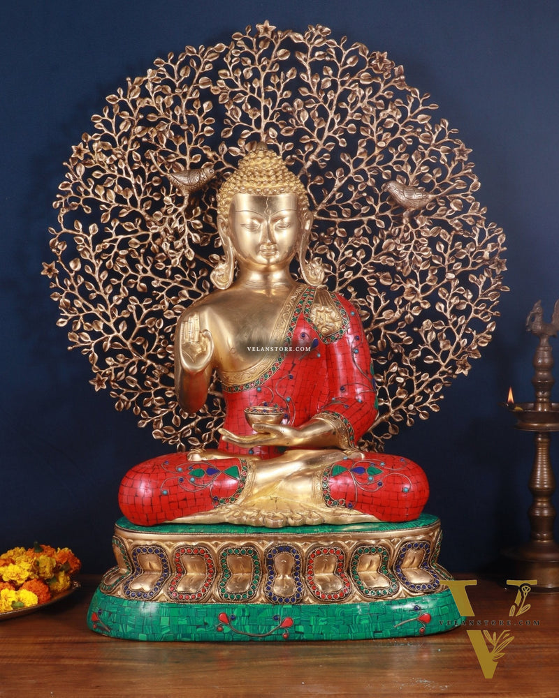 Pure Brass Buddha meenakari Stonework with Kalpavriksha Tree Statue 29"