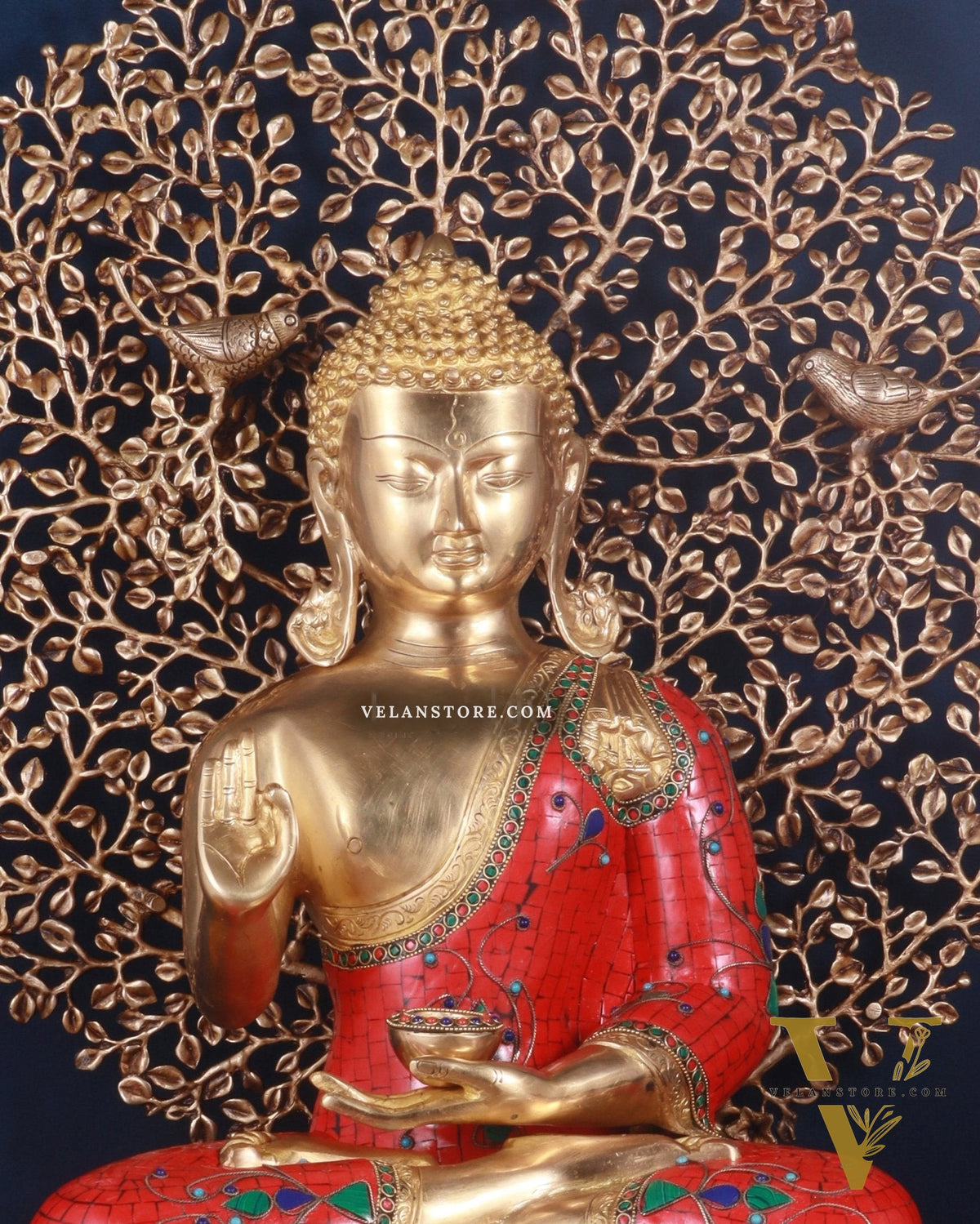 Pure Brass Buddha meenakari Stonework with Kalpavriksha Tree Statue 29"