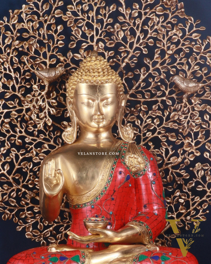 Pure Brass Buddha meenakari Stonework with Kalpavriksha Tree Statue 29"