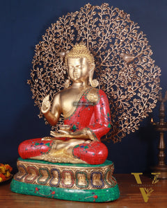 Pure Brass Buddha meenakari Stonework with Kalpavriksha Tree Statue 29"