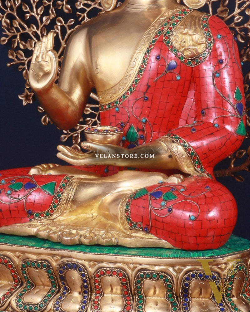 Pure Brass Buddha meenakari Stonework with Kalpavriksha Tree Statue 29"