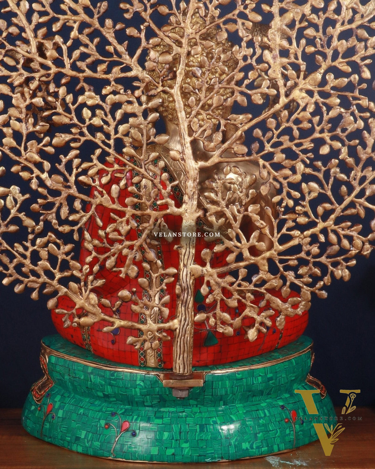 Pure Brass Buddha meenakari Stonework with Kalpavriksha Tree Statue 29"