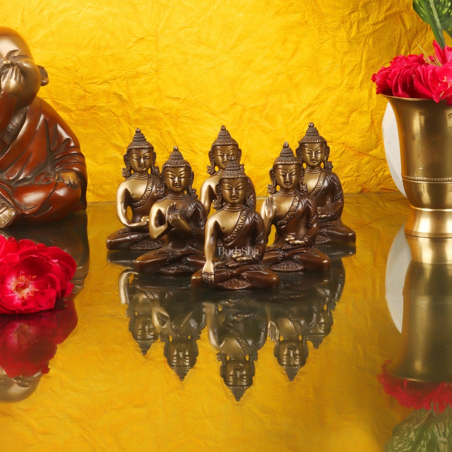 Pure Brass Buddha Miniature Set | 6 Mudras | Brown Gold | Height 3 inches