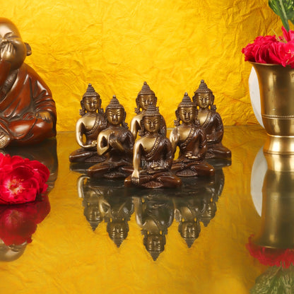 Pure Brass Buddha Miniature Set | 6 Mudras | Brown Gold | Height 3 inches