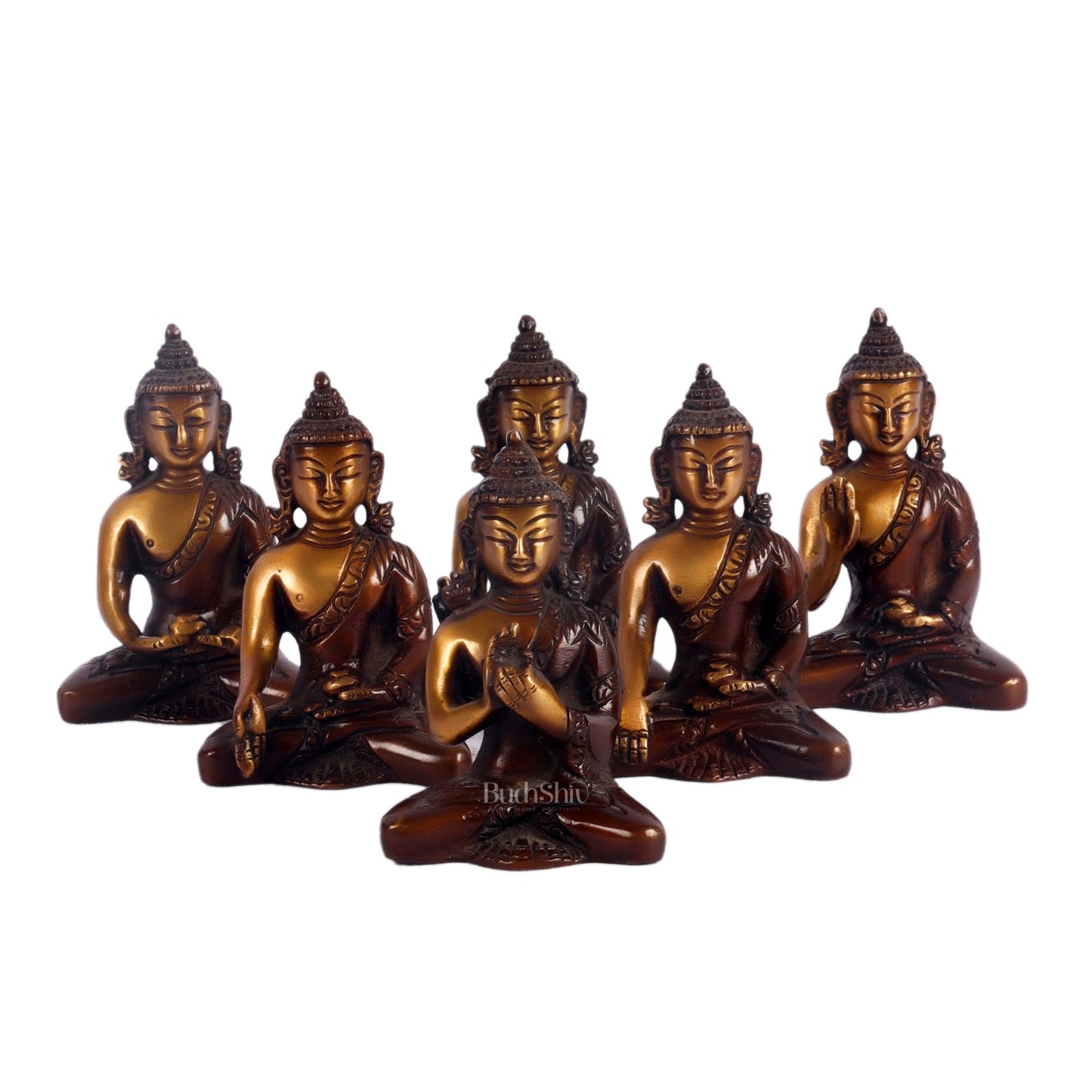 Pure Brass Buddha Miniature Set | 6 Mudras | Brown Gold | Height 3 inches