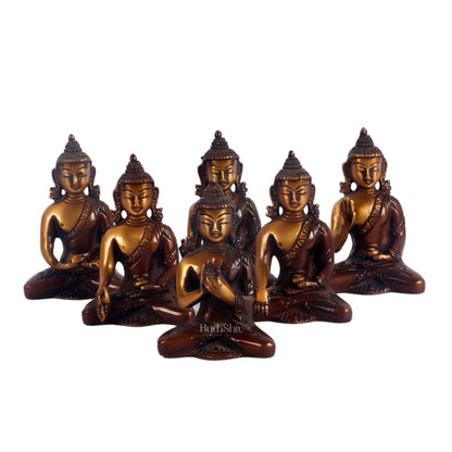 Pure Brass Buddha Miniature Set | 6 Mudras | Brown Gold | Height 3 inches