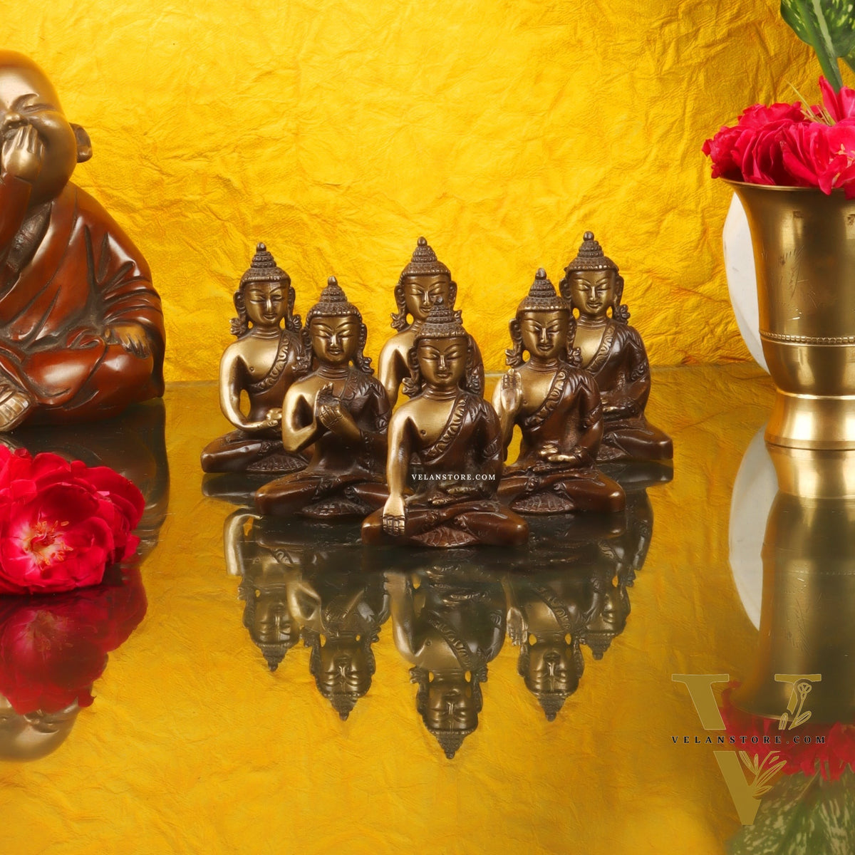 Pure Brass Buddha Miniature Set | 6 Mudras | Brown Gold | Height 3 inches