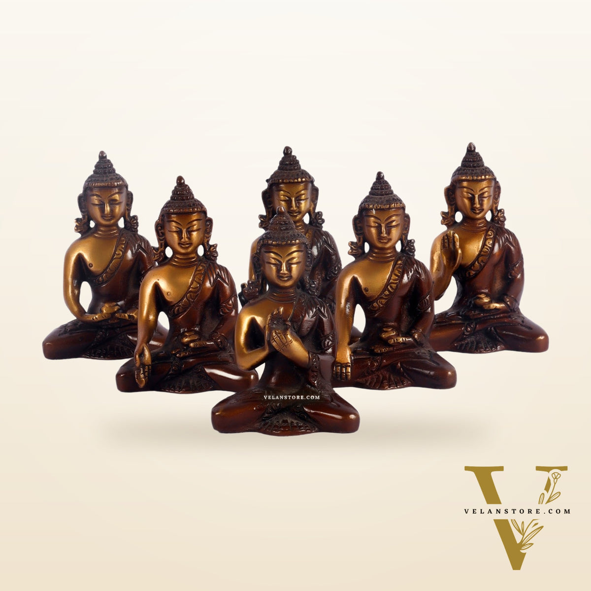 Pure Brass Buddha Miniature Set | 6 Mudras | Brown Gold | Height 3 inches