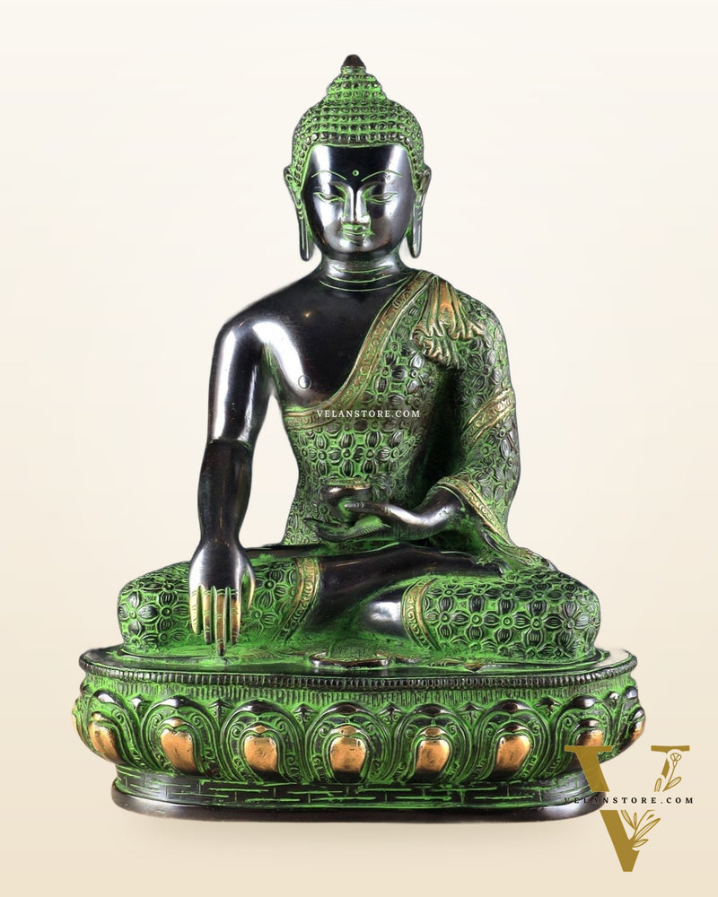 Pure Brass Buddha Sculpture - 13" black and green tone