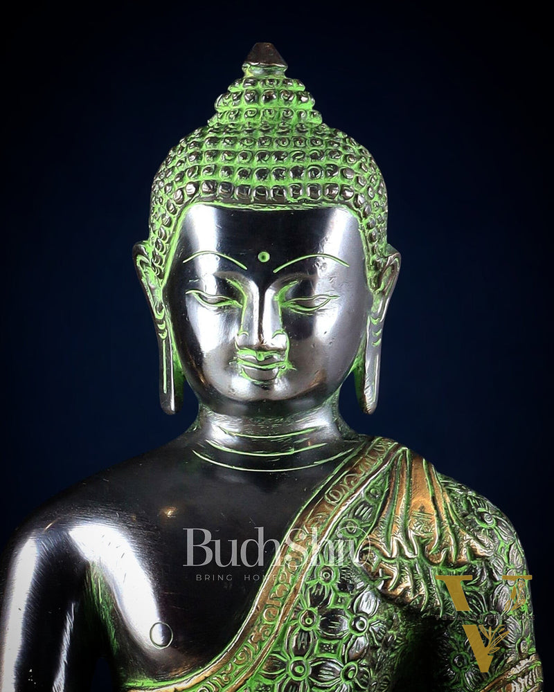 Pure Brass Buddha Sculpture - 13" black and green tone