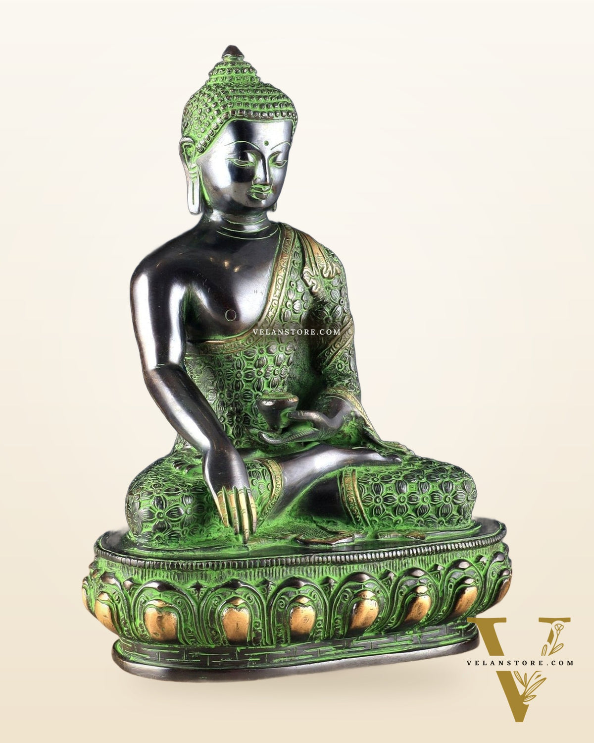 Pure Brass Buddha Sculpture - 13" black and green tone