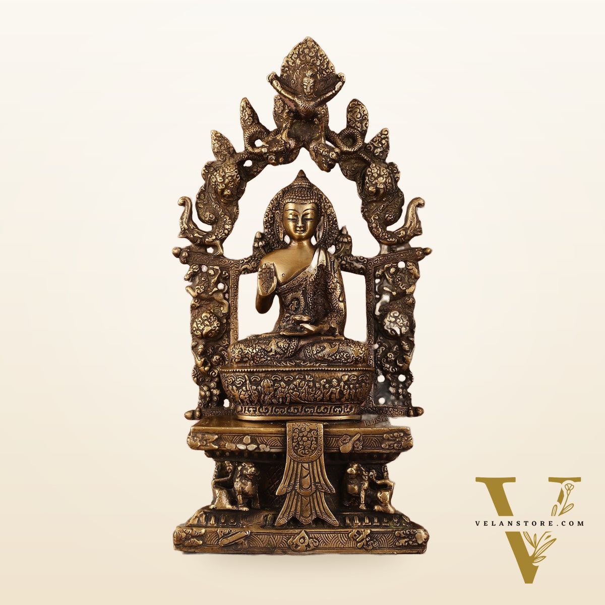 Pure Brass Buddha Seated on Engraved Aasan and Arch - 16"