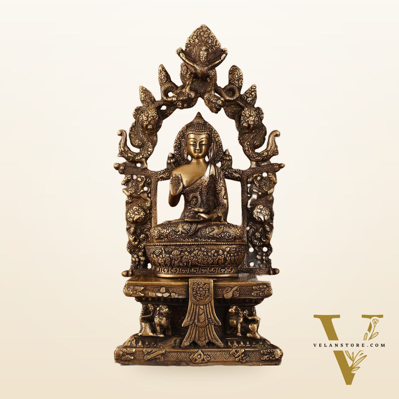 Pure Brass Buddha Seated on Engraved Aasan and Arch - 16"