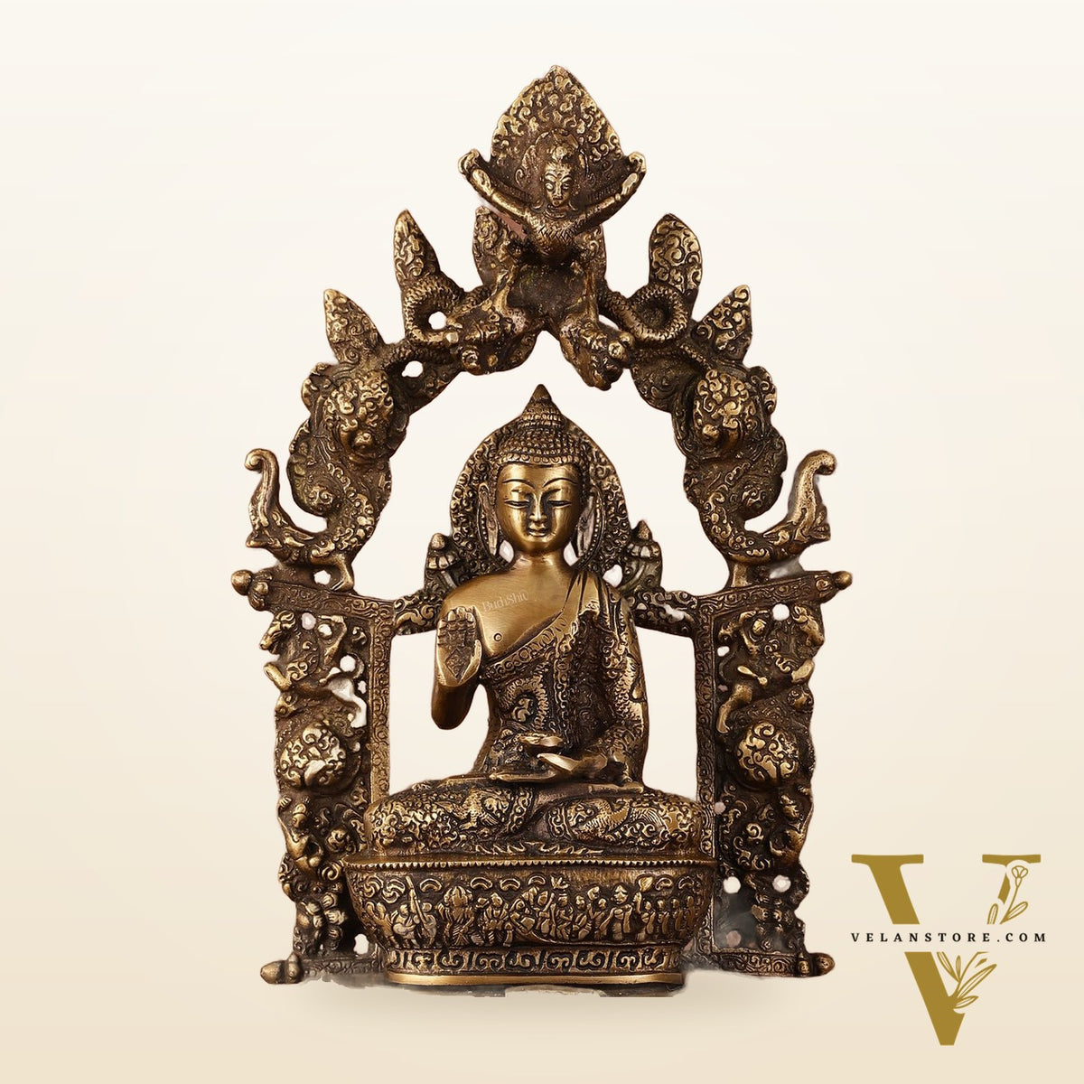Pure Brass Buddha Seated on Engraved Aasan and Arch - 16"