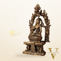 Pure Brass Buddha Seated on Engraved Aasan and Arch - 16"