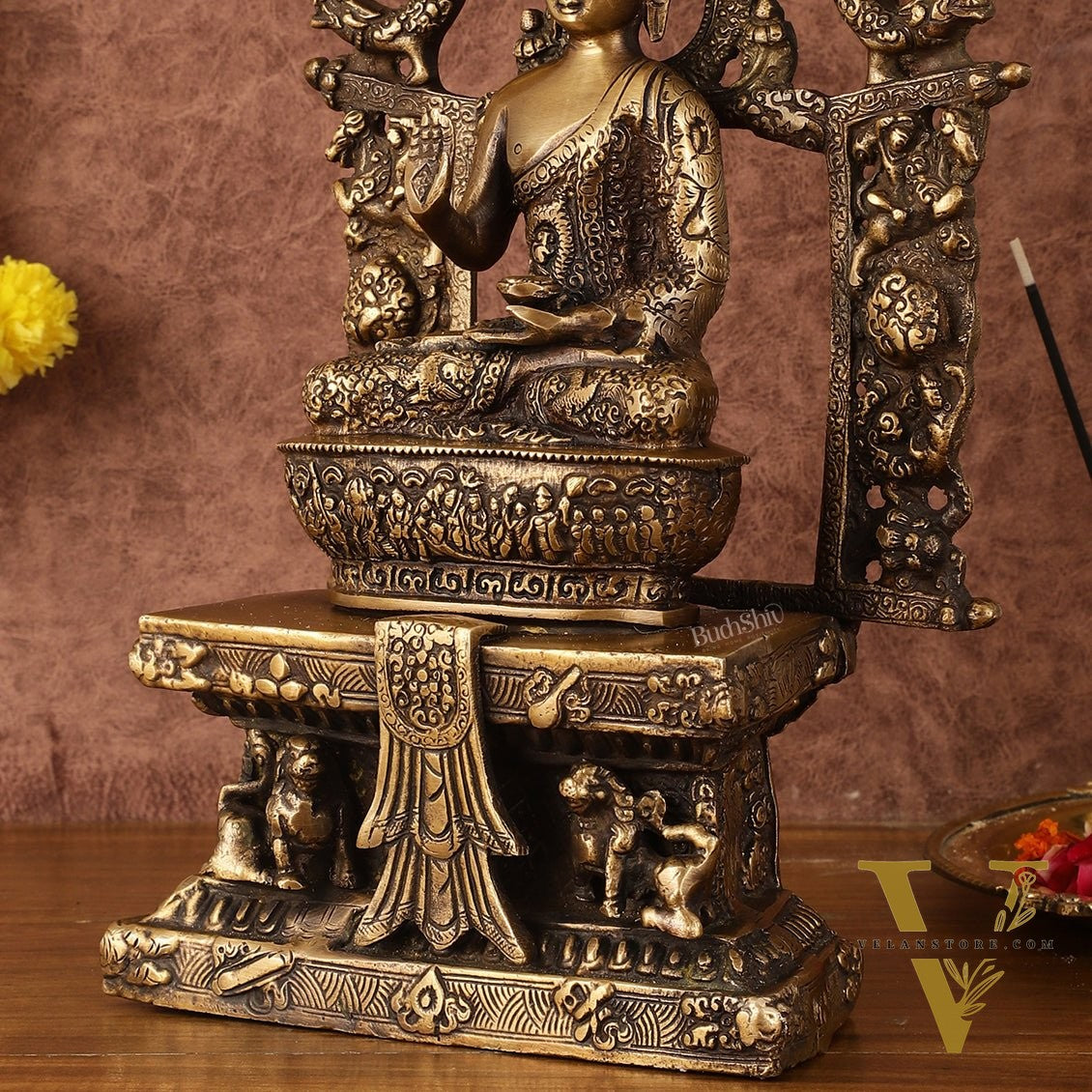 Pure Brass Buddha Seated on Engraved Aasan and Arch - 16"