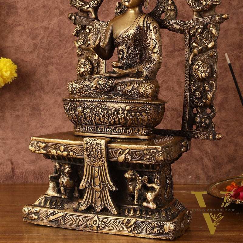 Pure Brass Buddha Seated on Engraved Aasan and Arch - 16"