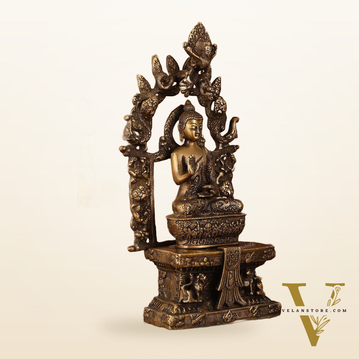Pure Brass Buddha Seated on Engraved Aasan and Arch - 16"
