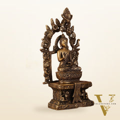 Pure Brass Buddha Seated on Engraved Aasan and Arch - 16"