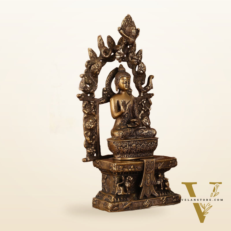 Pure Brass Buddha Seated on Engraved Aasan and Arch - 16"