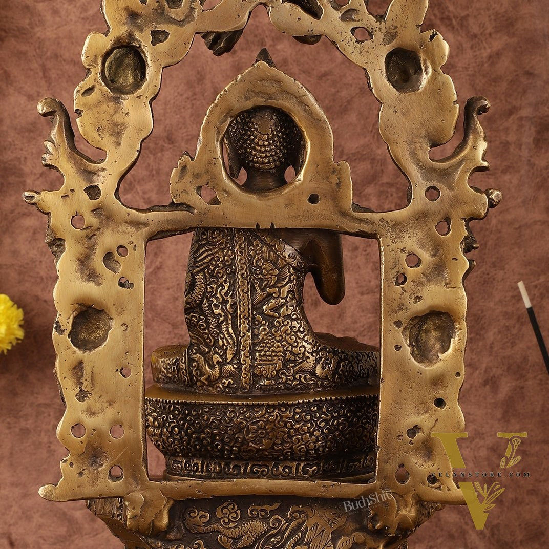 Pure Brass Buddha Seated on Engraved Aasan and Arch - 16"