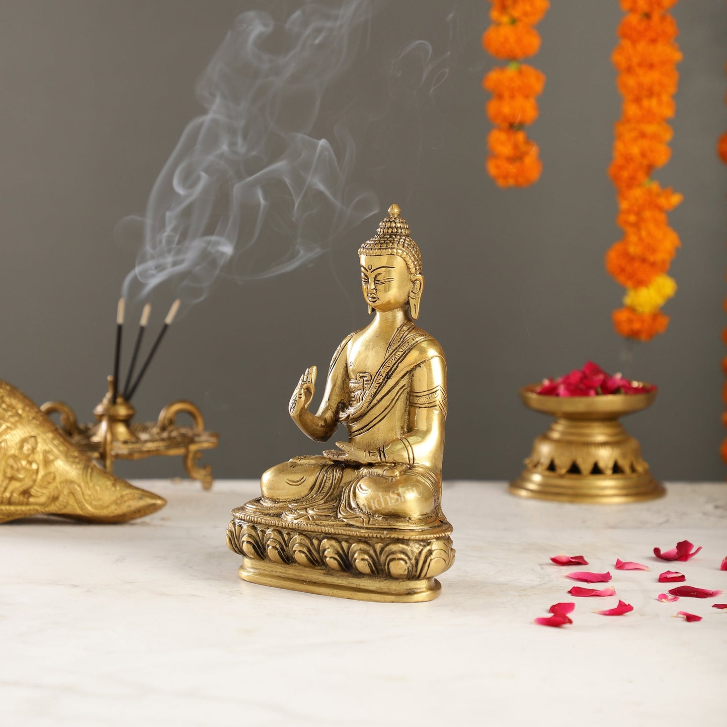 Pure Brass Buddha Statue | Abhaya Mudra | 7.5" Antique