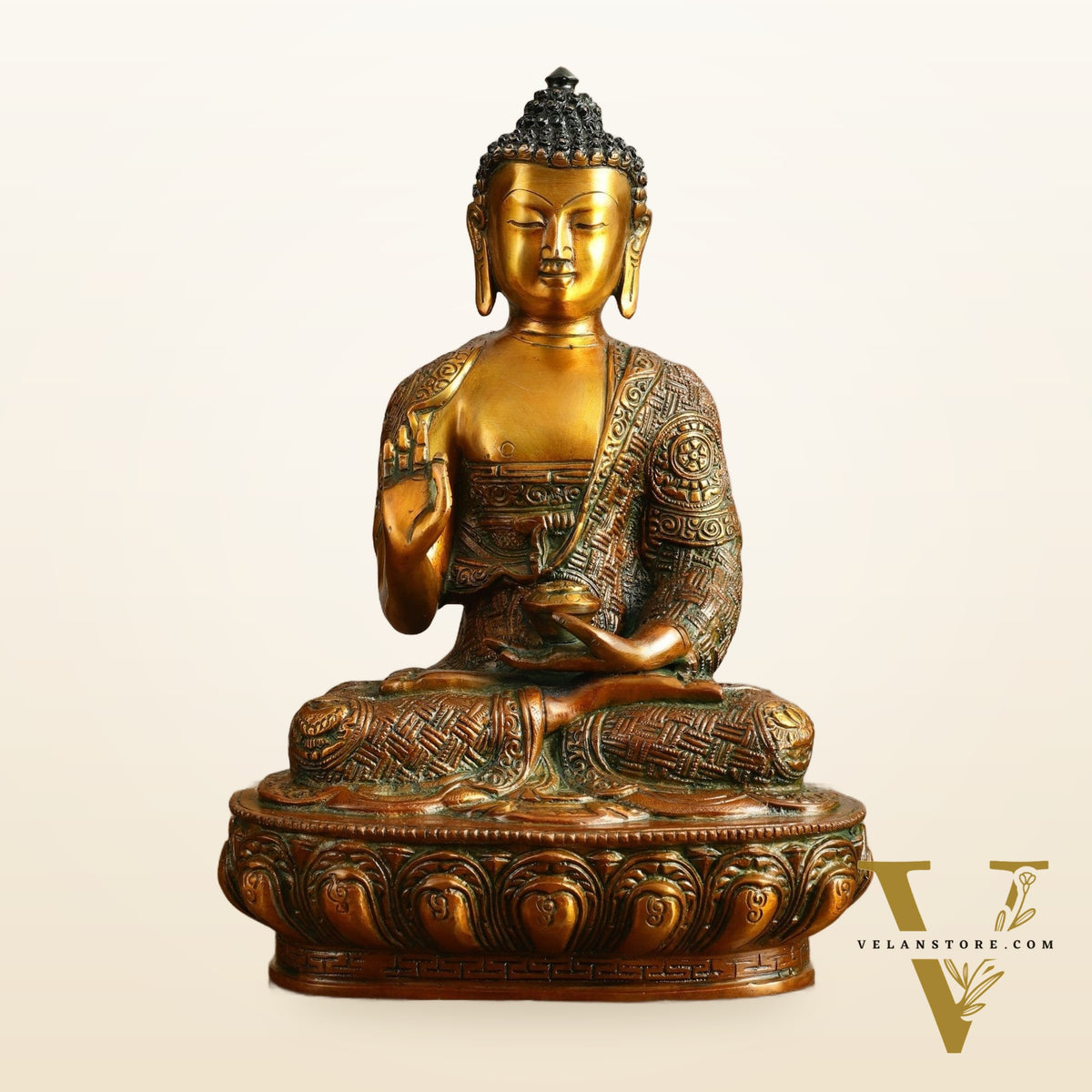 Pure Brass Buddha Statue - Antique Finish, 12" Height