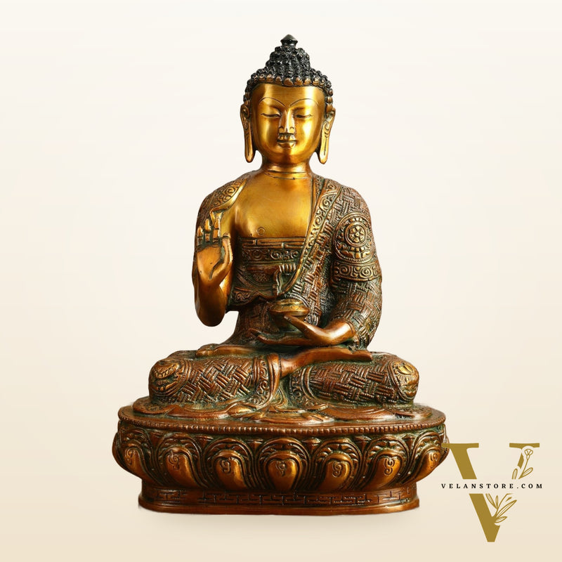 Pure Brass Buddha Statue - Antique Finish, 12" Height