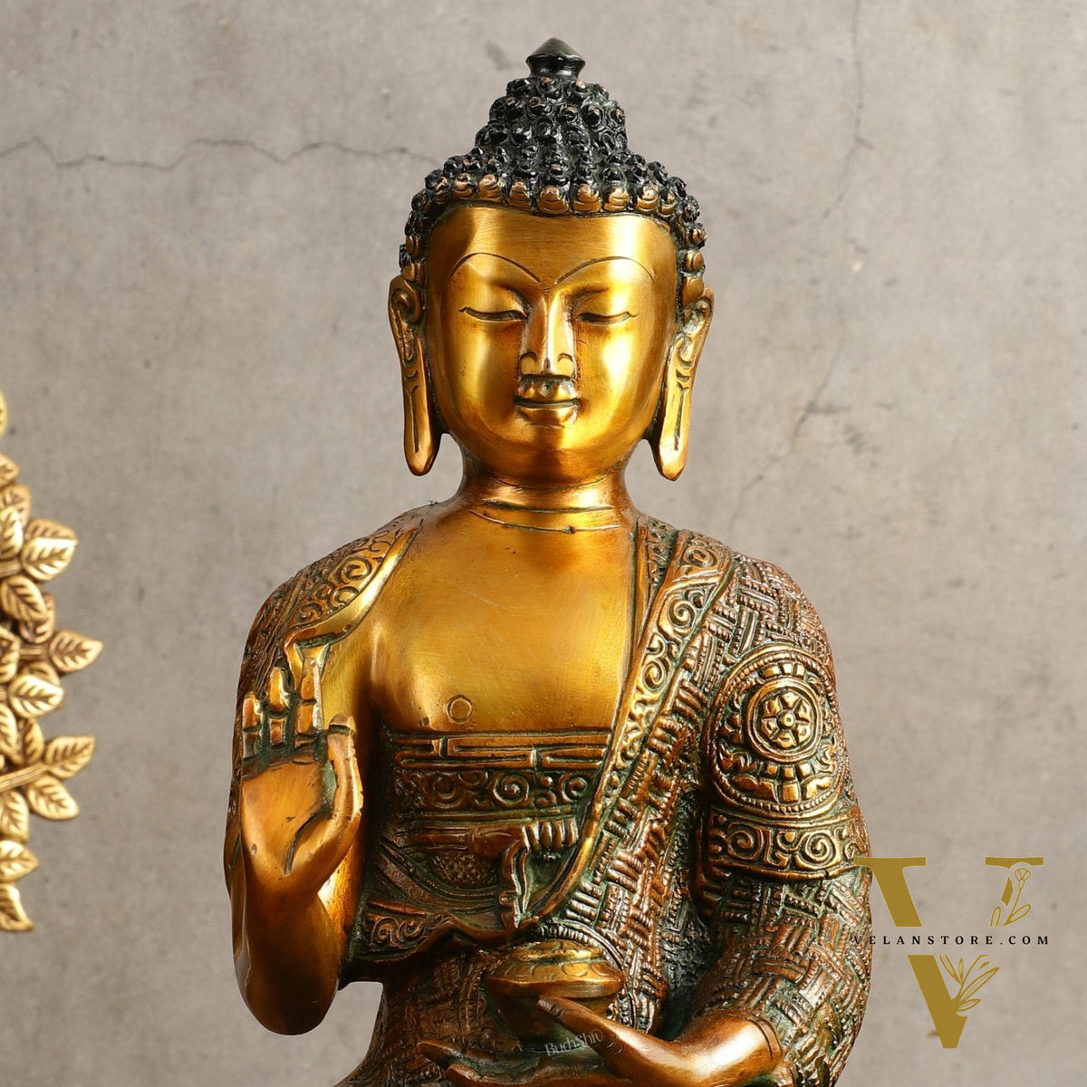 Pure Brass Buddha Statue - Antique Finish, 12" Height