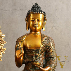 Pure Brass Buddha Statue - Antique Finish, 12" Height
