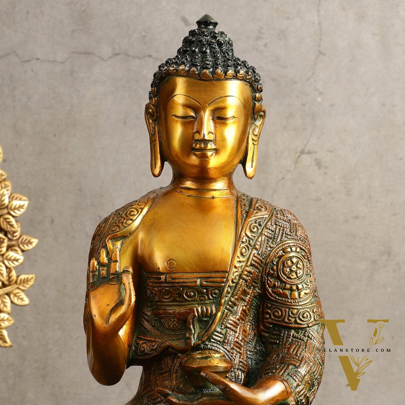 Pure Brass Buddha Statue - Antique Finish, 12" Height