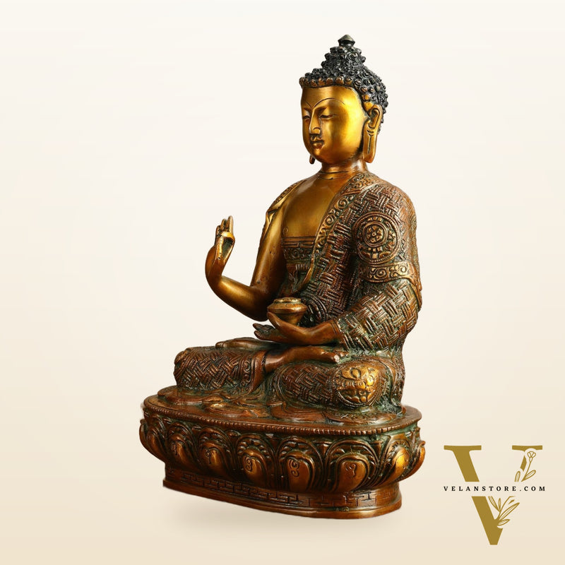Pure Brass Buddha Statue - Antique Finish, 12" Height