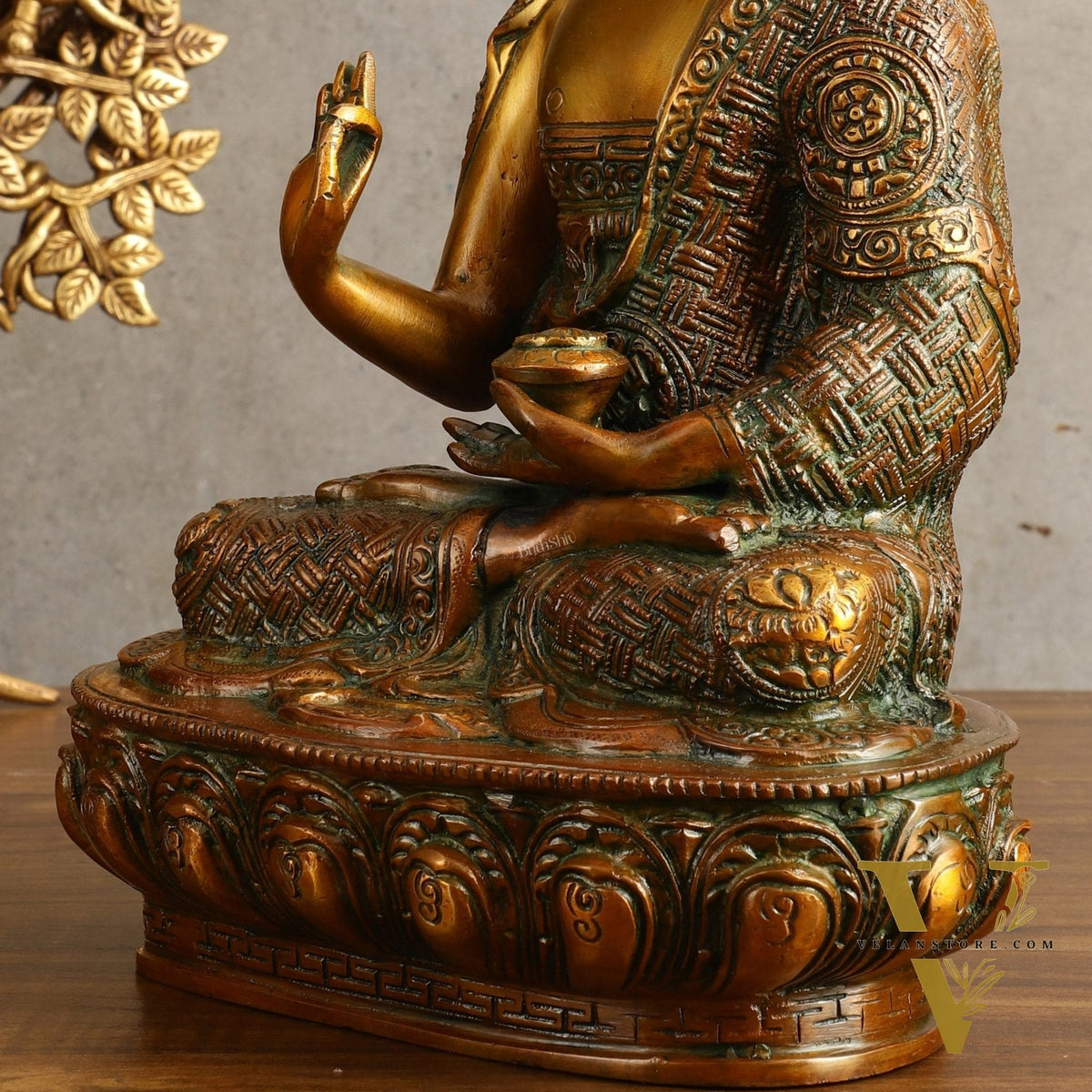 Pure Brass Buddha Statue - Antique Finish, 12" Height