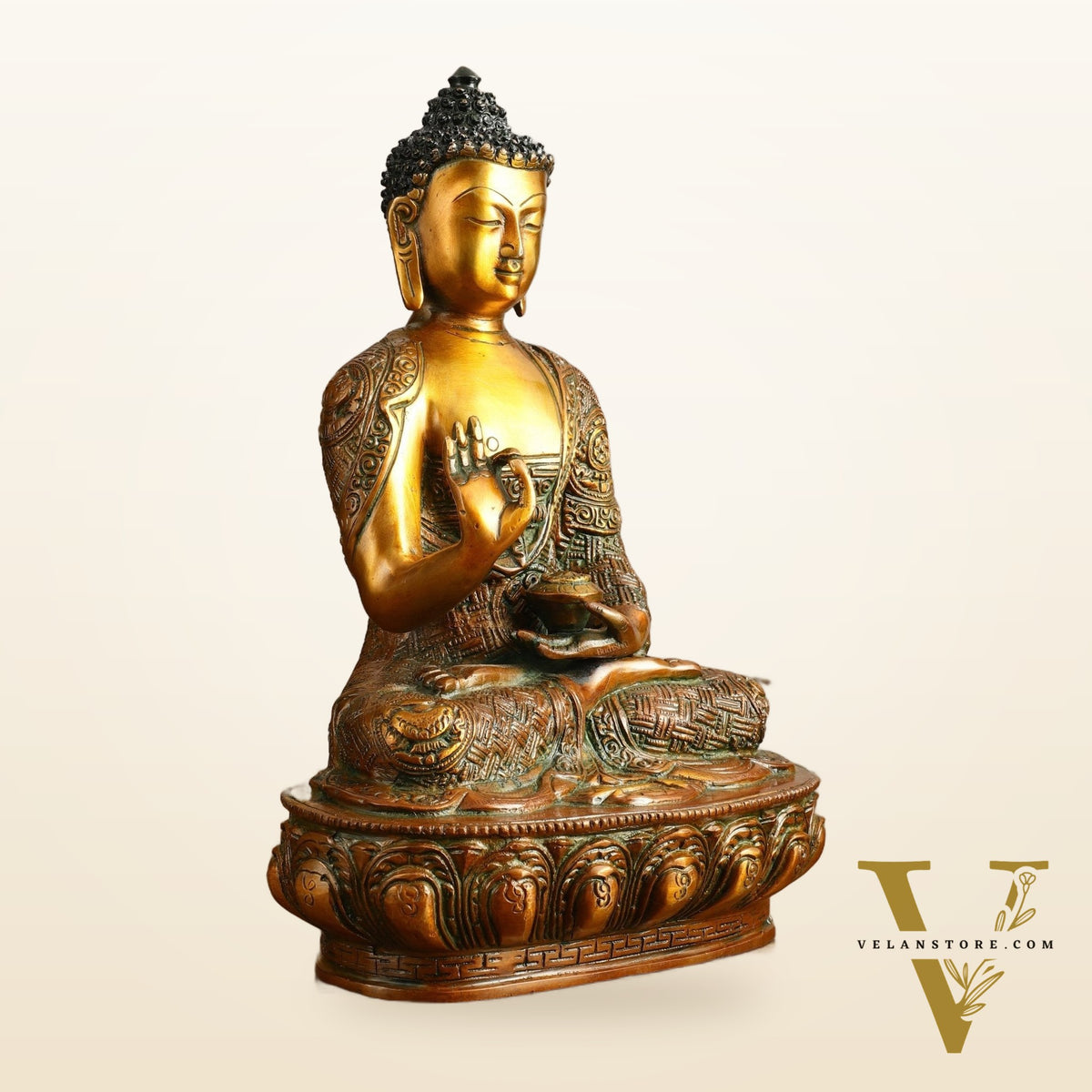 Pure Brass Buddha Statue - Antique Finish, 12" Height