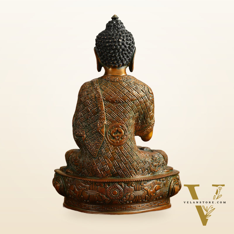 Pure Brass Buddha Statue - Antique Finish, 12" Height