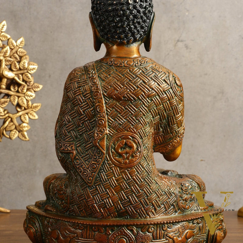 Pure Brass Buddha Statue - Antique Finish, 12" Height