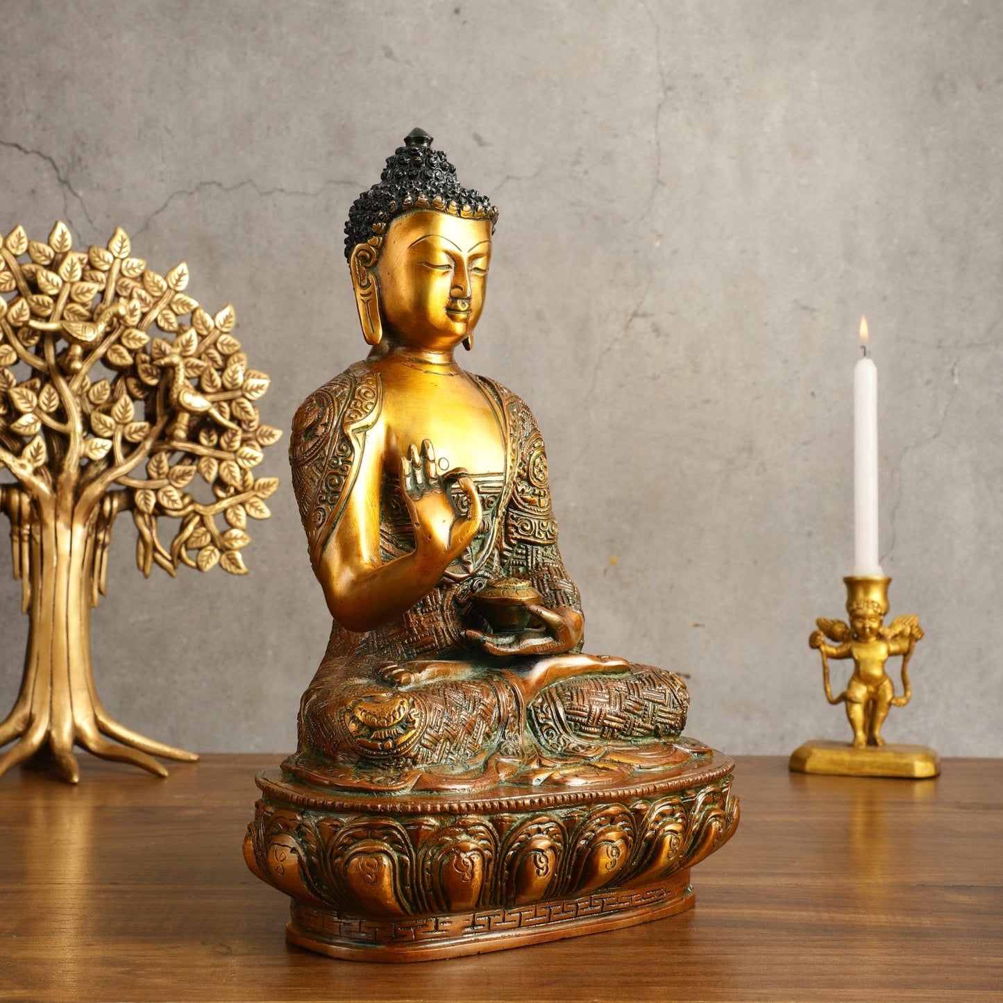 Pure Brass Buddha Statue - Antique Finish, 12" Height