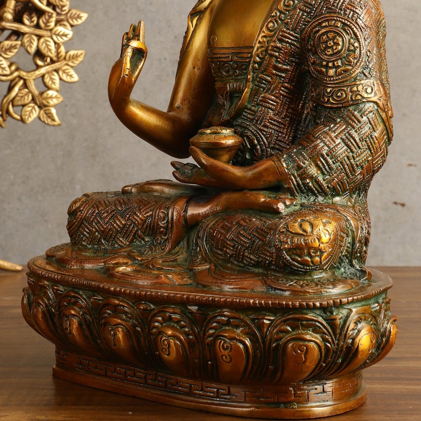 Pure Brass Buddha Statue - Antique Finish, 12" Height