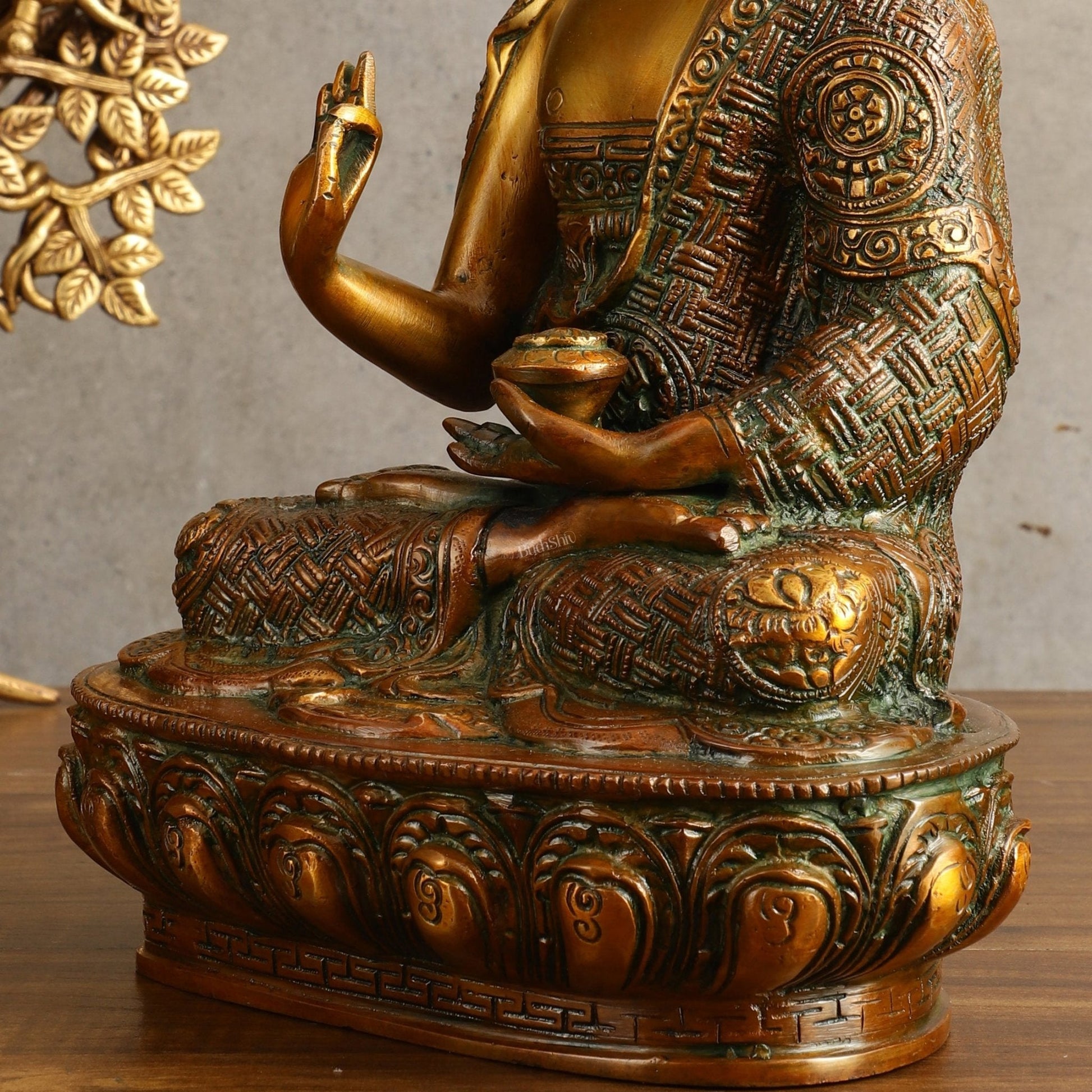 Pure Brass Buddha Statue - Antique Finish, 12" Height