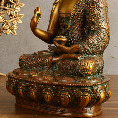 Pure Brass Buddha Statue - Antique Finish, 12" Height