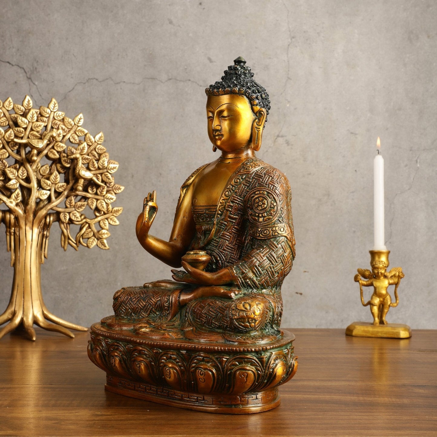 Pure Brass Buddha Statue - Antique Finish, 12" Height