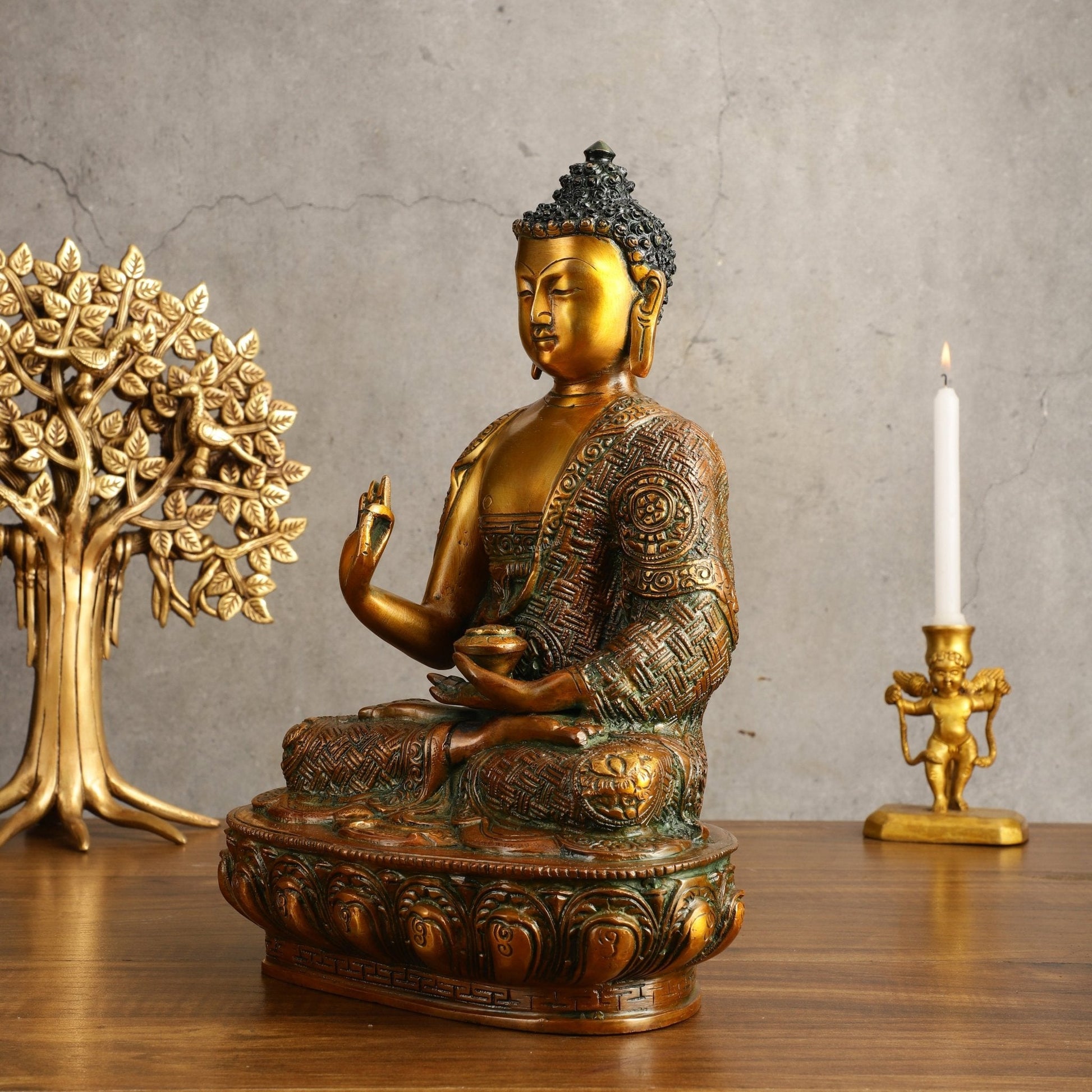 Pure Brass Buddha Statue - Antique Finish, 12" Height